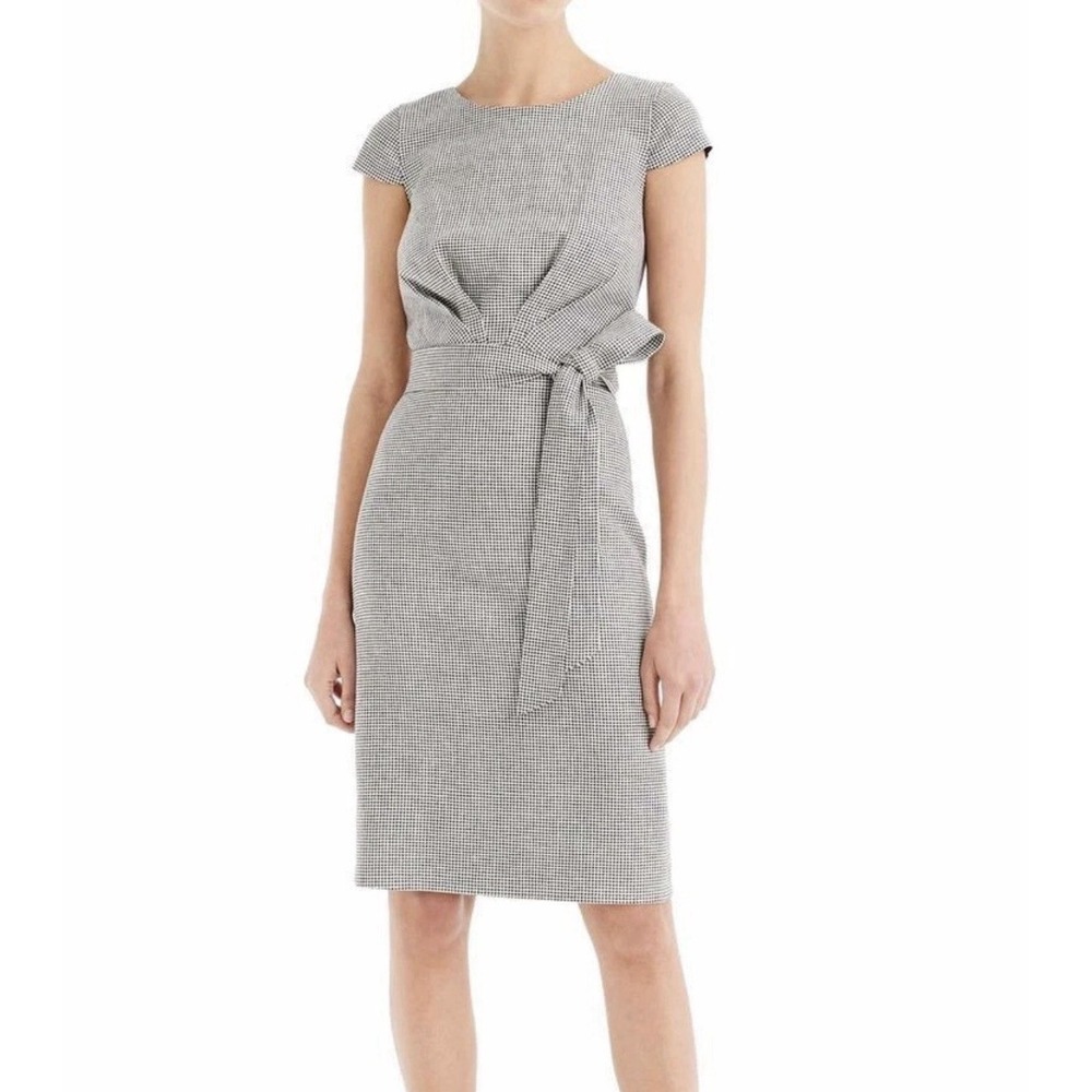 J.CREW Sheath Dress Womens 18 Tie-Front Mini-Houndstooth Black White Cap Sleeves